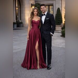 New La Femme Strapless Slit Satin Ballgown Red Wine size 6